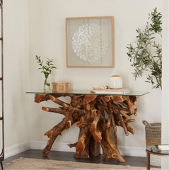 Brown Teak Wood Tree Stump Console Table