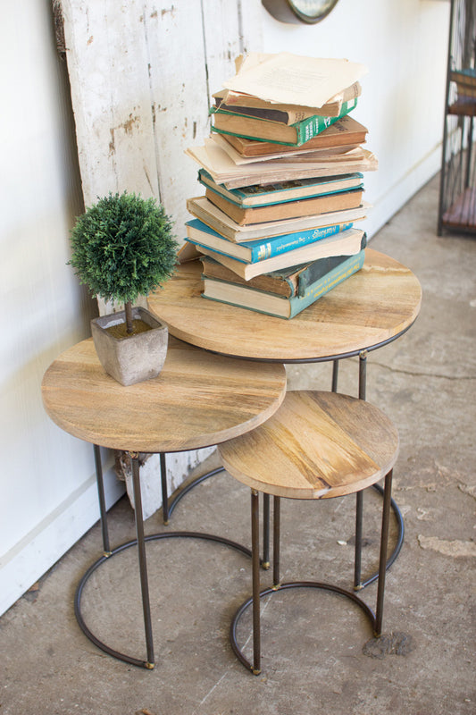 Set of 3 Nesting Iron Accent Tables with Mango Wood Tops