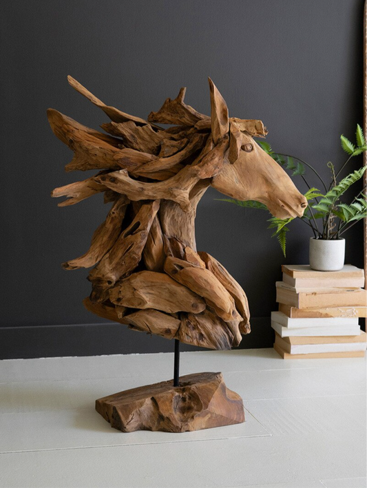 Teakwood Horse Head Sculpture with Base in Teak