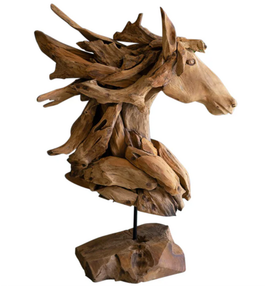 Teakwood Horse Head Sculpture with Base in Teak