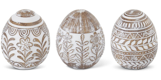 Assorted 4in Whitewashed Carved Eggs (3 Styles)