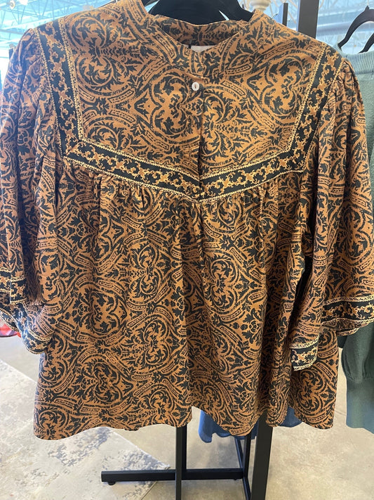 Brown/Black Print Yoke Top