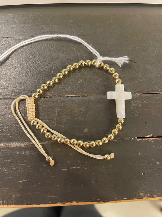 Adjustable Cross Gold Beaded Bracelet