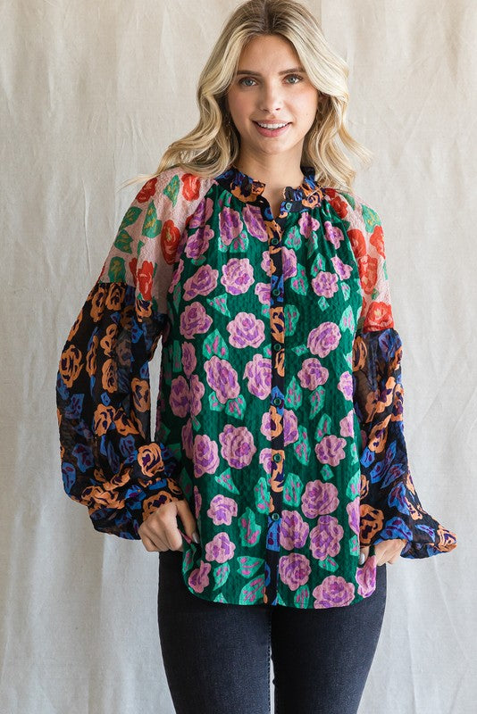 Colorblock Floral Print Top